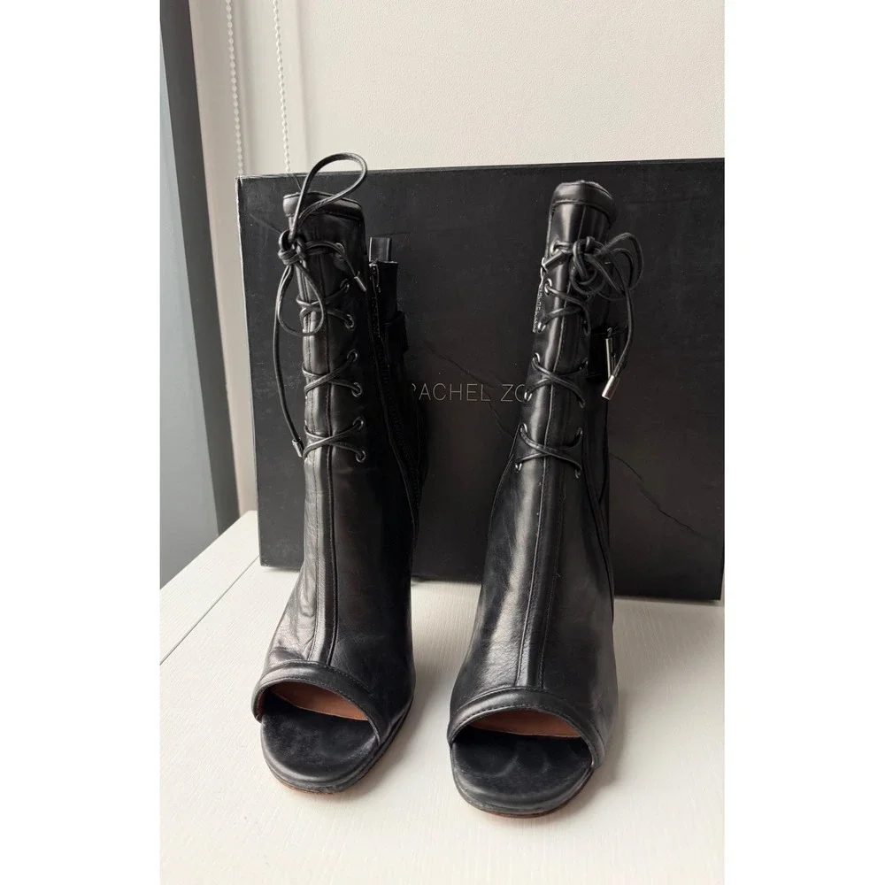 Rachel Zoe Maggie Black Leather Peep Toe Lace Up Booties Size 8